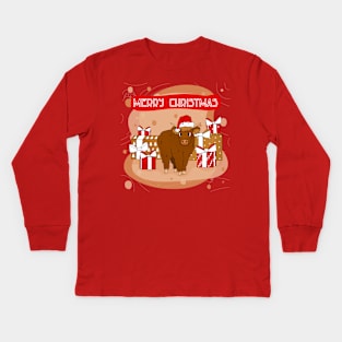 Highland cow and Merry Christmas wishes Kids Long Sleeve T-Shirt